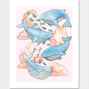 Aqua Blue Whales & Fish Swimming Within Dreamy Sunset Clouds Posters and Art